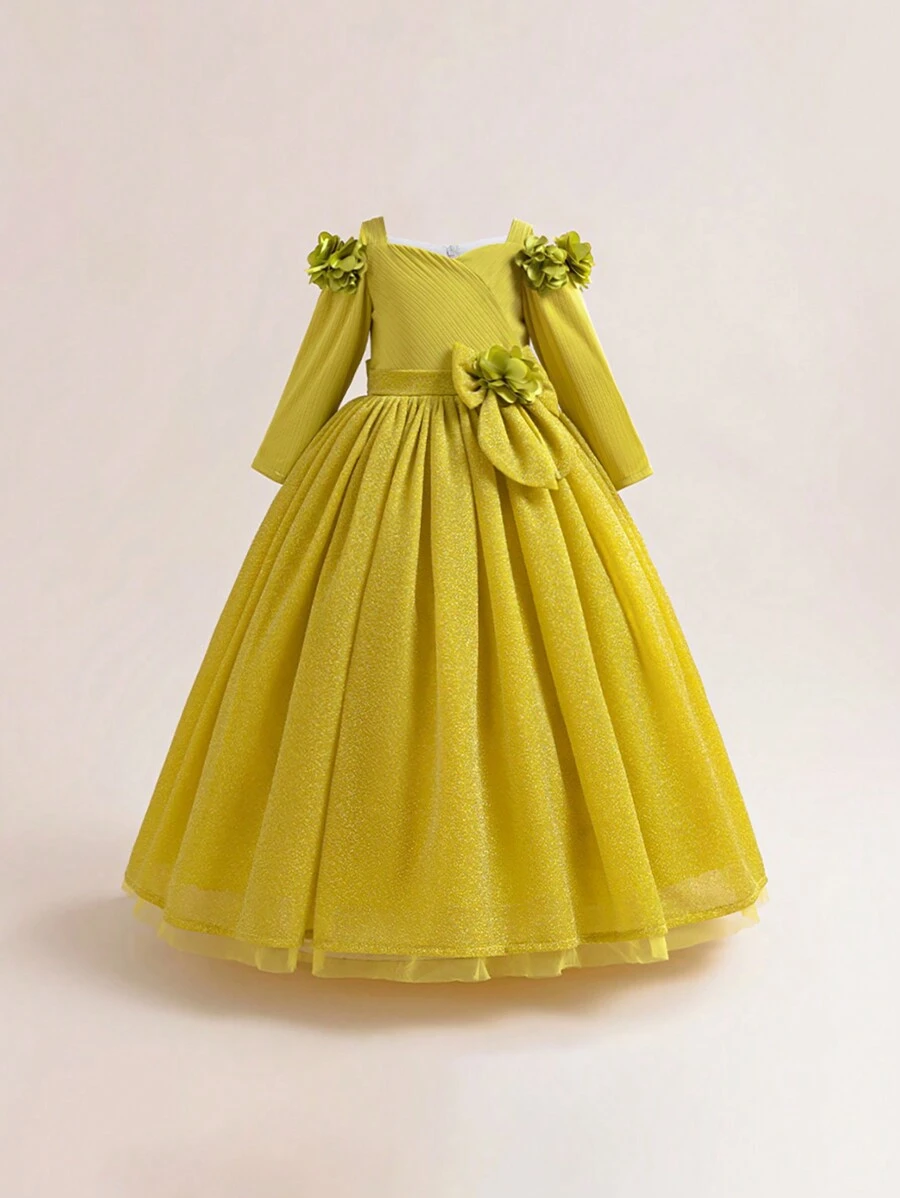 Tween Girl Elegant And Luxurious Dress With 3D Floral Decor And Layered Tulle Skirt, Suitable For Wedding, Party And Birthday Party