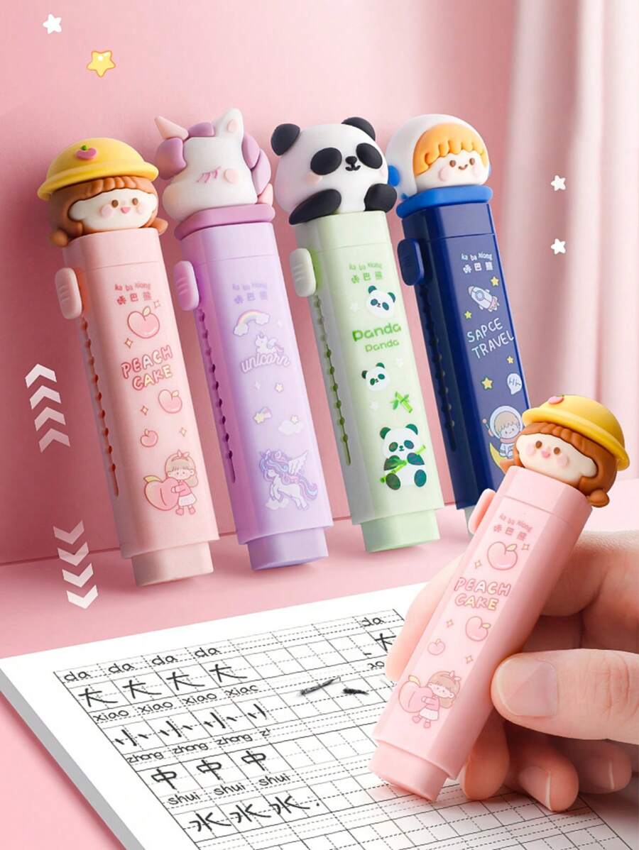 1 Set New Cute Cartoon Push Eraser (With 2 Refills), Push And Pull Debris-Free Eraser, Clean, Students Specifically Designed Eraser, No Traces After Erasing, Creatively Designed Cartoon Appearance, Suitable For Kindergarten, Elementary School Students From 1st To 3rd Grade