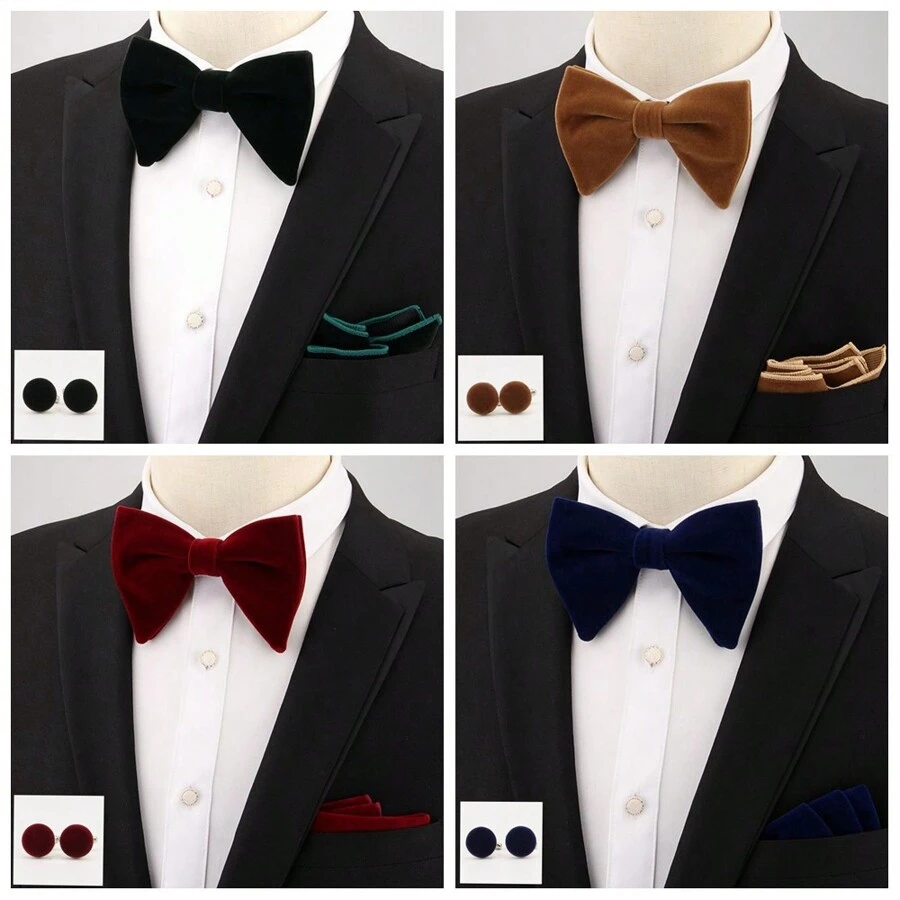 1 set Traje de boda para hombres, que incluye corbata de moño de terciopelo con forma de cuerno, pañuelo de bolsillo y gemelos para corbata de hombre