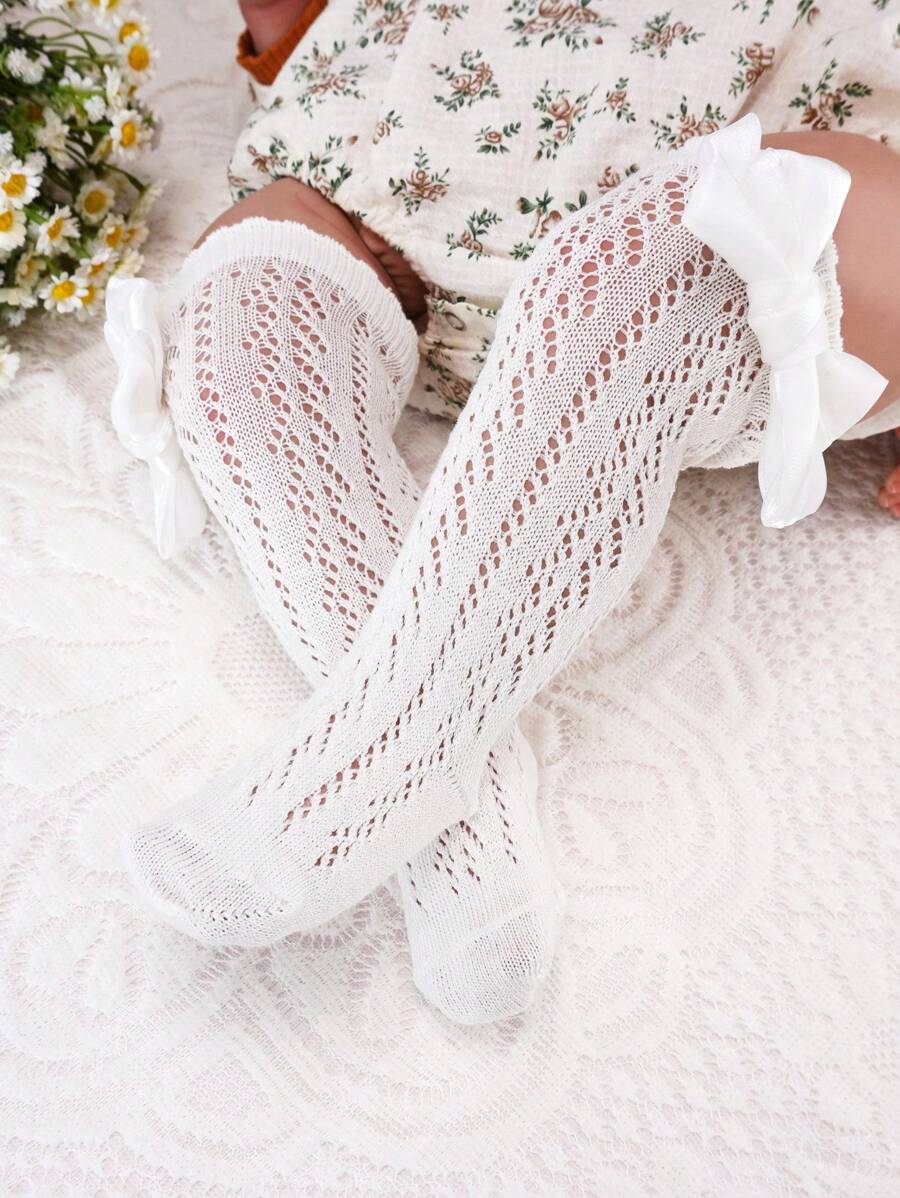 1 Paar Sommer Baby Mädchen Socken mit Schleife, Kinder lange weiße Kniestrümpfe mit Hohlmuster, Kleinkind Prinzessin Netzsocken