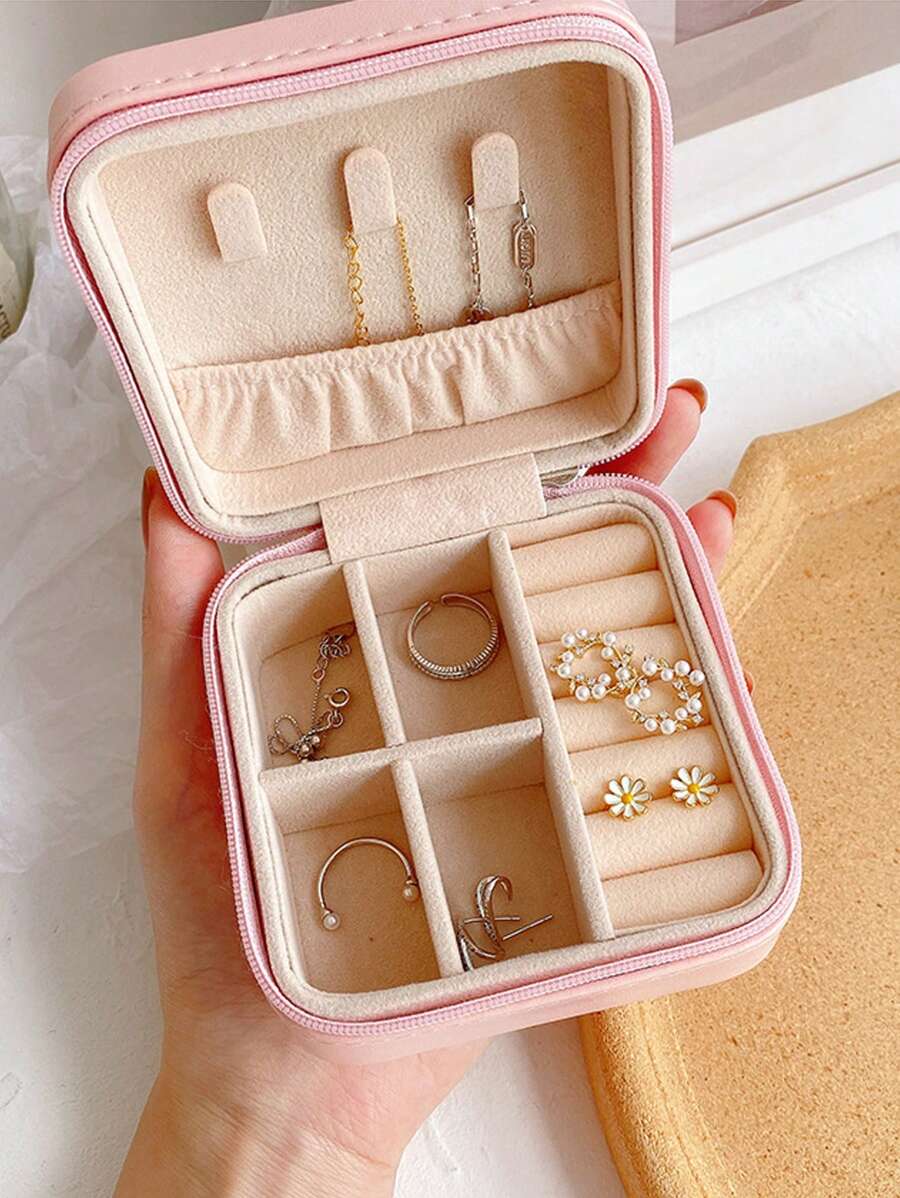 1pc Compact And Portable Zipper Jewelry Box For Bridesmaids Bridesmaid, Multi-Functional Pink Storage Box For Rings Necklaces And Accessories Wedding