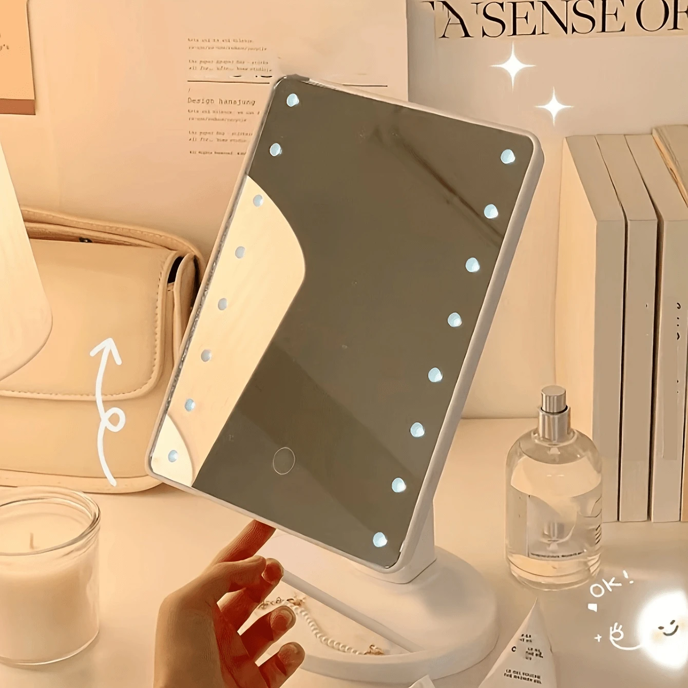 Espelho de Maquiagem LED Quadrado, Espelho de Vaidade Multiluzes para Maquiagem com Iluminação Complementar para Beleza, Portátil