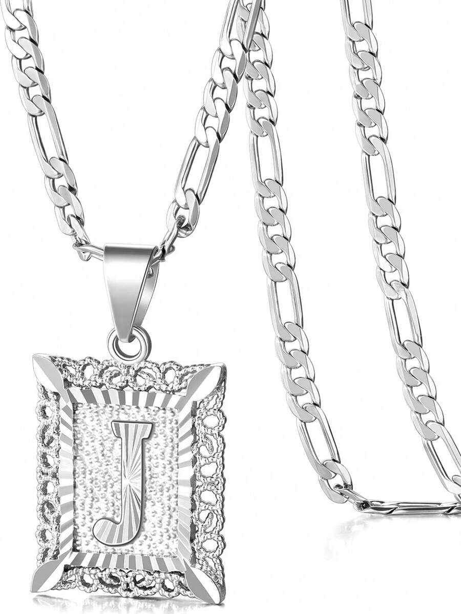 Collar con colgante de letra inicial para mujeres y hombres, collar de monograma cuadrado con capital en chapa de oro blanco de 18K con letras del alfabeto de A-Z y cadena Figaro