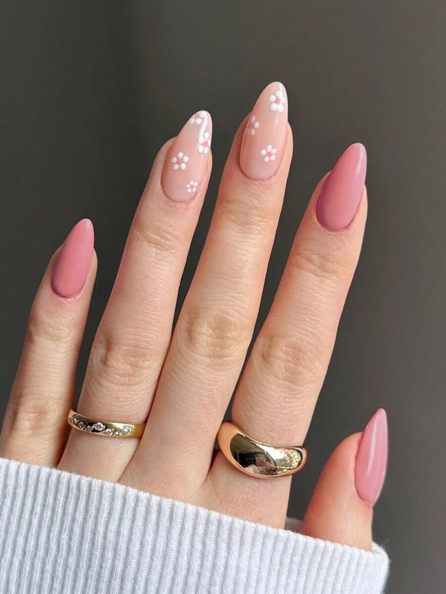 Get Glamorous With 24pcs Long Almond Pink Flower Print Fake Nail & 1pc Nail File & 1sheet Tape Press On Nails Nail Supplies