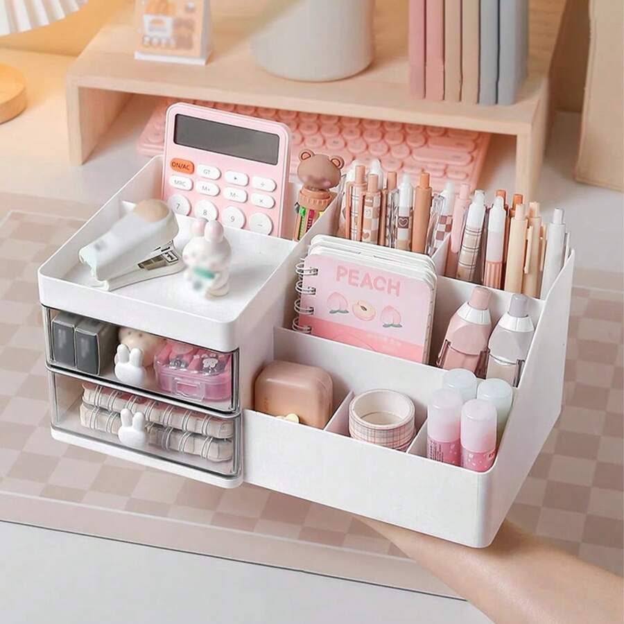 1 pièce Organiseur de bureau charmant thème lapin avec 2 tiroirs transparents - Boîte de rangement en plastique durable pour fournitures de bureau et articles divers, idéal pour la décoration de la maison et du bureau, fournitures scolaires, cadeau de fête, cadeau de Noël, rentrée scolaire, fournitures scolaires, trousse à crayons, sac d'école