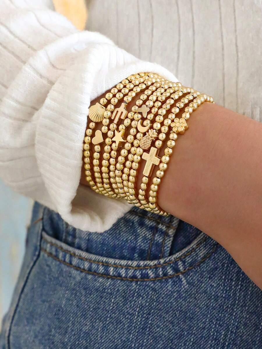 9 Stücke/Set einfache CCB Sterne & Mond Charm Armband, modisches elastisches Perlenarmband mit mehreren Elementen