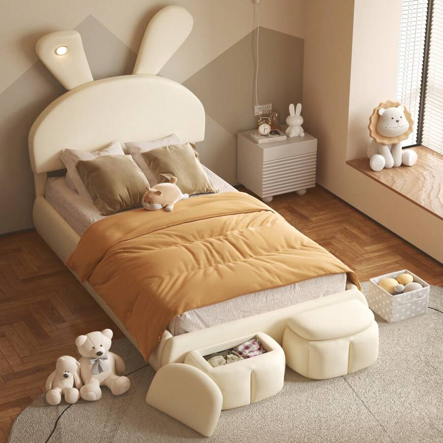Nestfair Twin Size Upholstered Platform Bed With Cartoon Ears Shaped Headboard And Light