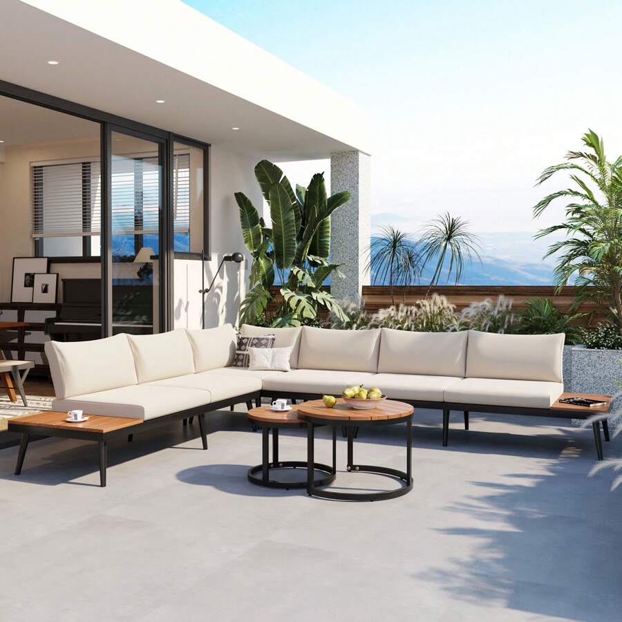 Nestfair 6-Piece Outdoor Sectional Sofa Set With Round Nesting Coffee Tables And Cushions