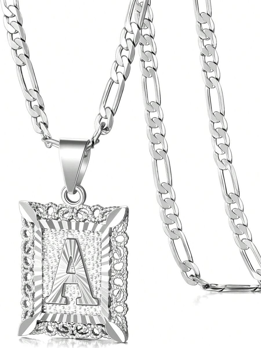 Collar con colgante de letra inicial para hombres y mujeres, collar de monograma cuadrado capital chapado en oro blanco de 18K, collares de cadena Figaro con alfabetos de A a Z
