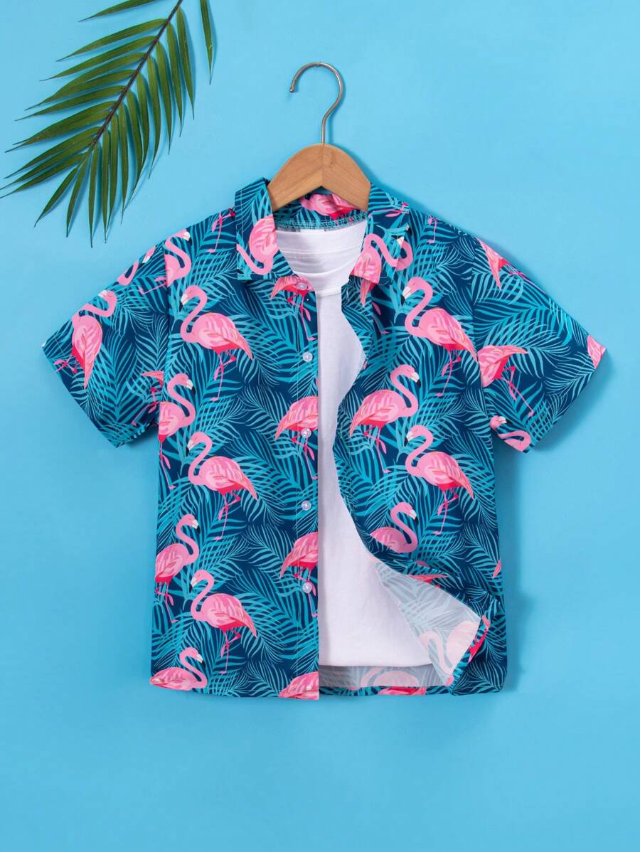 Camisa casual de manga corta con estampado tropical de hojas de palma y flamencos para niño pequeño, perfecta para vacaciones, fiestas, salidas, etc.