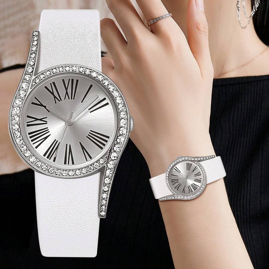 Relógio de pulso elegante de luxo leve feminino com números romanos, incrustado com strass e pulseira de couro