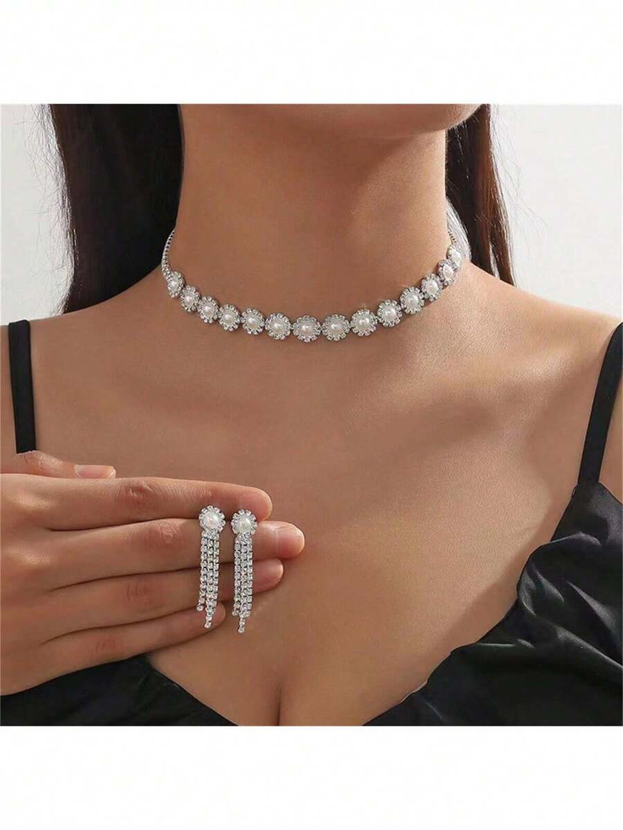 2 Stücke/Set (Halskette + Ohrringe) Künstliche Perlen & Kristall Blumen Halskette Ohrringe Set, elegante formelle Minimalistische Choker Halskette