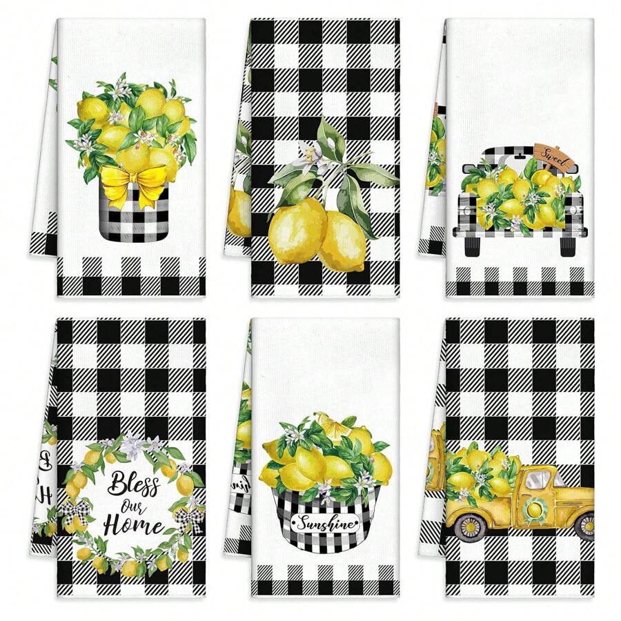 6 Piezas de Toallas de Cocina con Limones, Toallas de Plato de Verano Divertido, Toallas de Mano a Cuadros Amarillos y Negros, Toallas de Té Decorativas Absorbentes con Bucle Colgante para Regalo de Inauguración de la Casa, Cocina, Baño, Hogar, Suministros para el Hogar