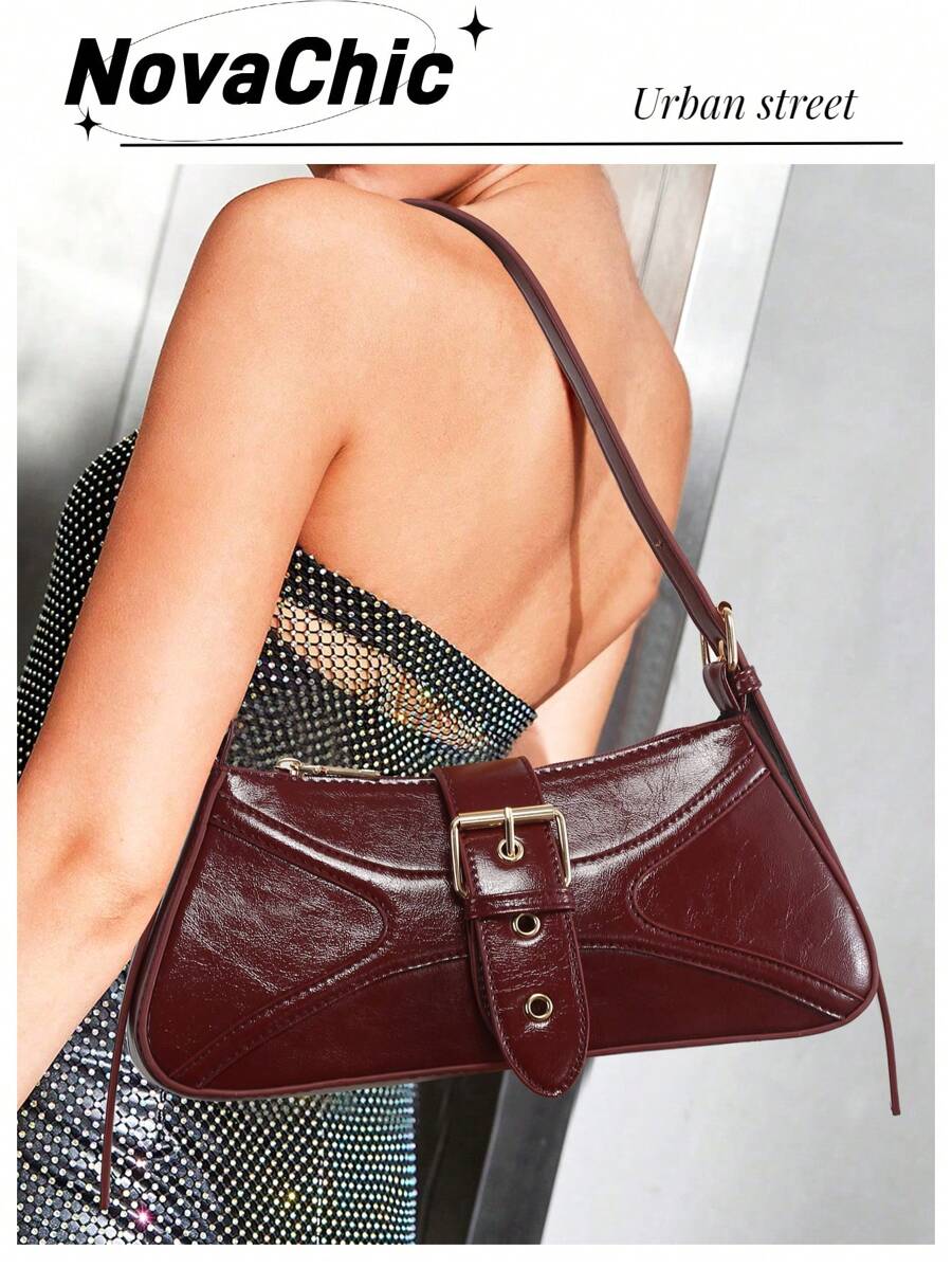 1 pièce Sac à épaule pour femmes enrobé brillant style moto rétro avec boucle décorative, fermeture à glissière, sangle réglable. Convient pour les voyages, les vacances, l'extérieur, les femmes en tenue décontractée au bureau. Sac inspiré du style rétro parfait pour le bureau, les et le travail.