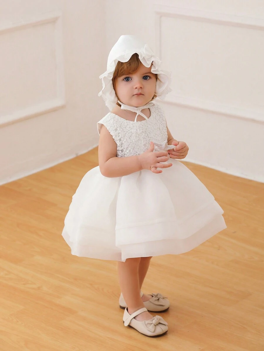 Baby Girls' White Tulle Dress With Matching Hat For Wedding / Party