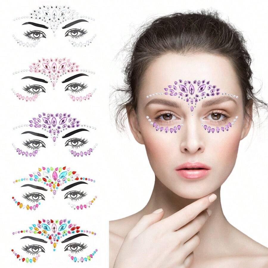 1pc/6pcs Rhinestone Face Stickers Crystal Face Stickers Show Party Masquerade Ball Oktoberfest Cosmetic Products Glue Free Decorative Stickers, Rhinestone Facial Tattoo Sticker For Party, Face Jewels Festival Makeup Eve Jewels Stick On Rhinestone For Face, Hair, Body, Eye