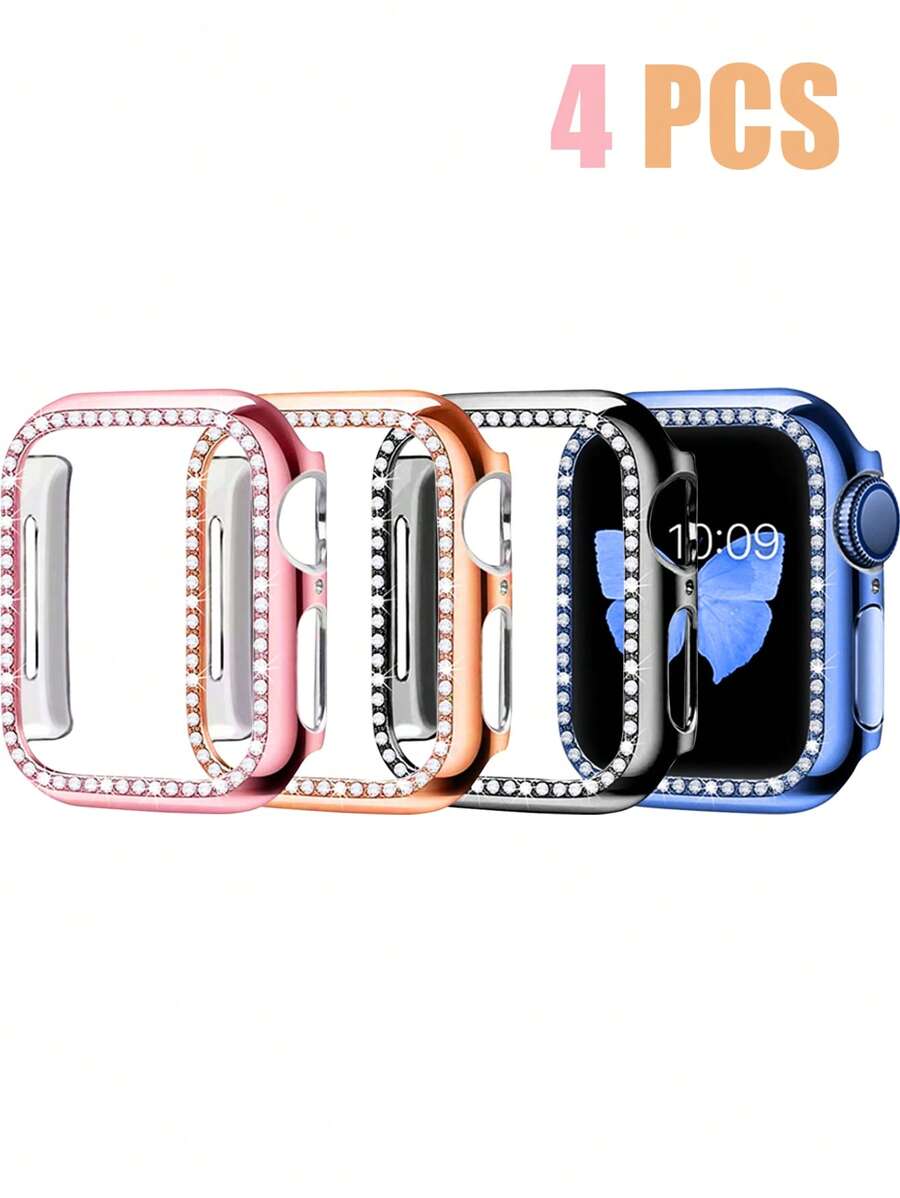 4pcs Apple Watch Case For Women, Casual Fashion Party, Sparkling Inlaid Rhinestone, Anti-Drop, Shockproof, Scratch-Resistant, Sensitive Touch, Simple And Convenient, Pc Watch Protection Case Compatible With Apple Watch 38/40/41/42/44/45/49/42(Series10)/46Mm, Compatible With Apple Watch Series Ultra/10/9/8/7/6/5/4/3 Watch Protection Case, Multiple Colors To Meet Matching Needs