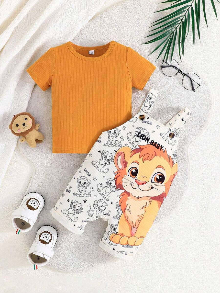 Summer Baby Boy Stylish Casual Set, Solid Color Short Sleeve Top And Cute Lion Overalls, Toddler Two-Piece Outfit