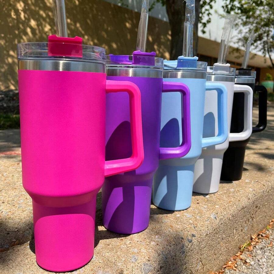 1 pieza Vaso de 40 Oz en color rosa claro con asa y pajita, vaso libre de BPA con tapa y pajita, botella de agua reutilizable de acero inoxidable aislada de doble pared para el hogar, la oficina y los viajes de vuelta a la escuela