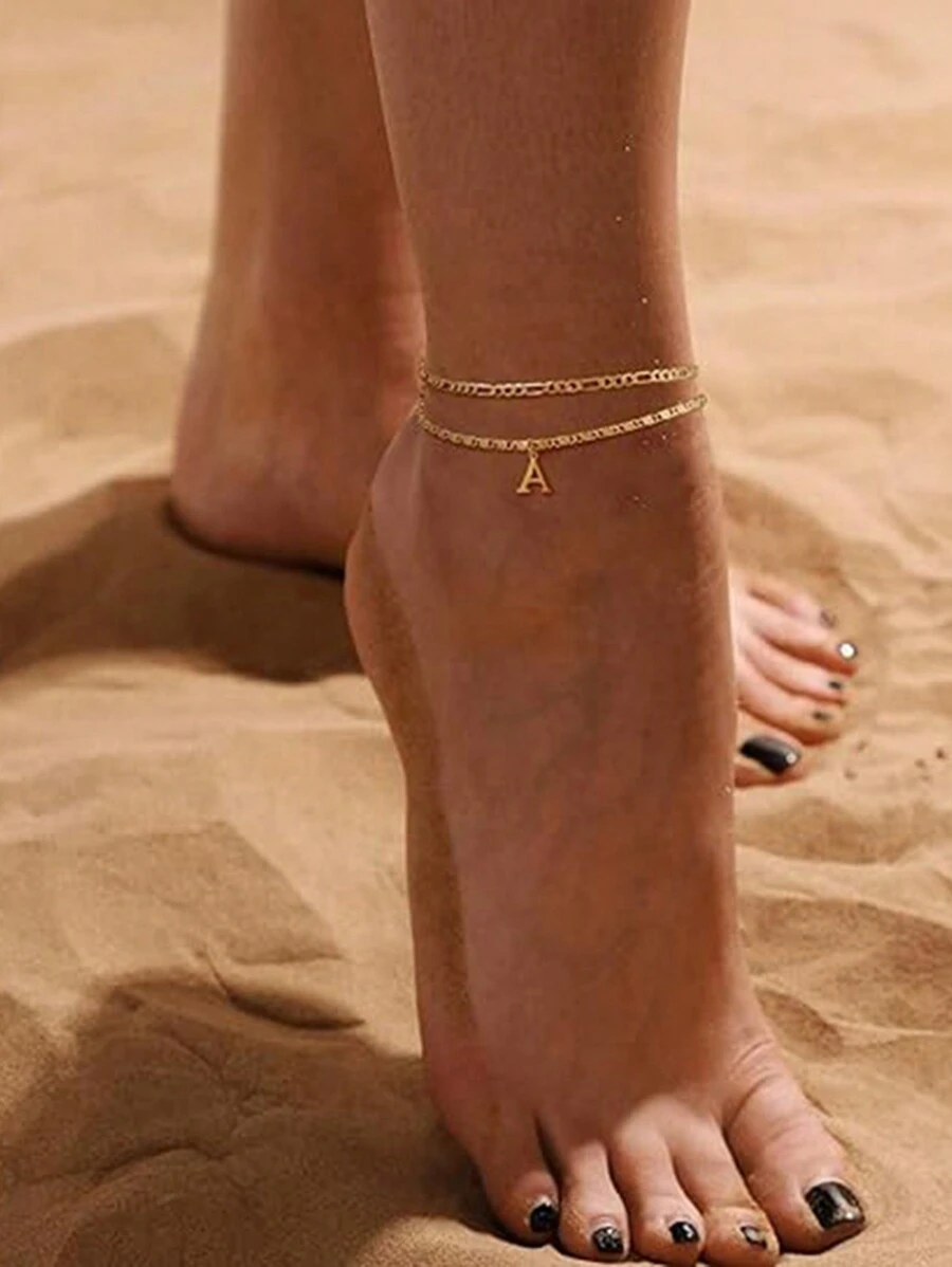 2 peças Pulseiras de Tornozeleira com Letras Iniciais das Mulheres Banhadas a Ouro 14K, Correntes de Pé Impermeáveis em Camadas, Presentes de Jóias de Verão Para Meninas e Mulheres
