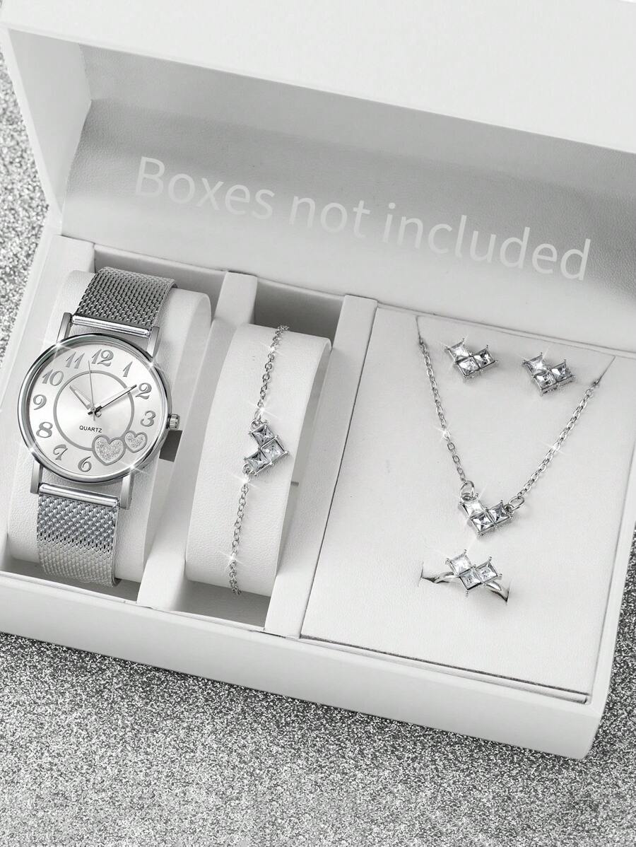 Pulseira feminina de malha de plástico simples moda digital e relógio de pulso de quartzo com padrão de coração e conjunto de joias em formato de coração (6 unidades / conjunto) como presente para alunos que retornam à escola