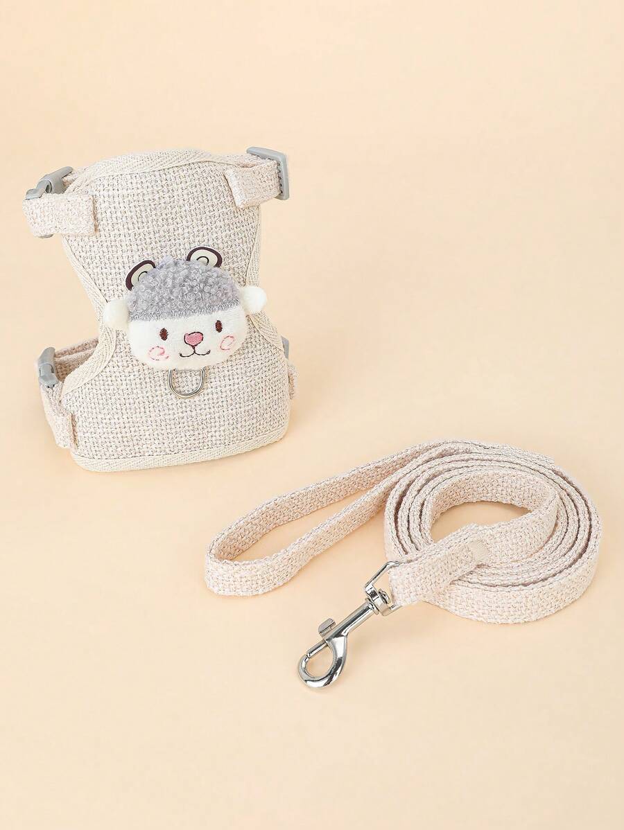 1set Cute Cartoon Sheep Design Pet Collar And Leash Set, Including Beige Vest Chest Strap For Small Dogs Or Cats