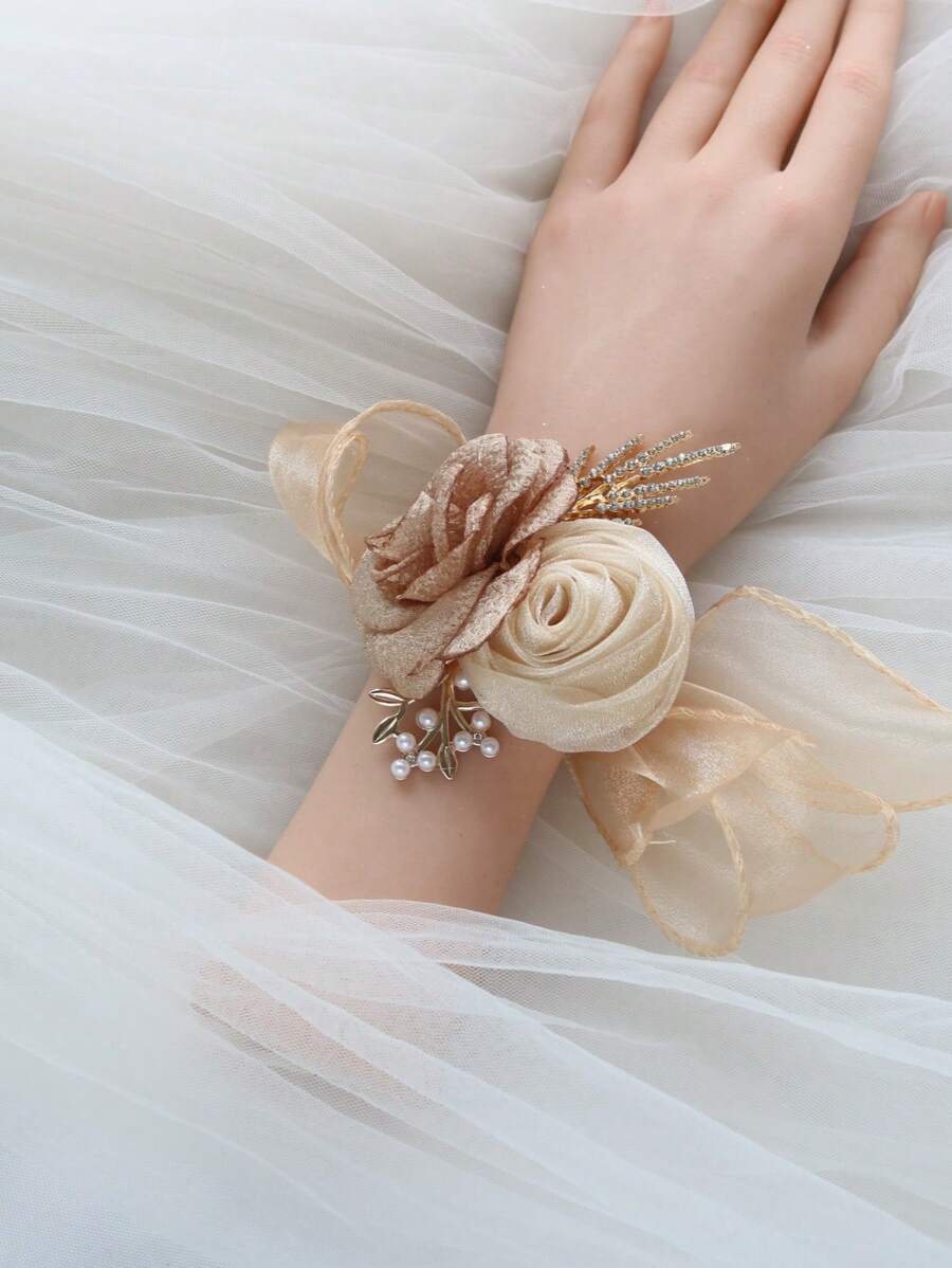 1 Stück rosa & champagnerfarbener koreanischer Stil Braut Handgelenk Corsage, Hochzeitsaccessoire, Brautjungferngeschenk, Valentinstag