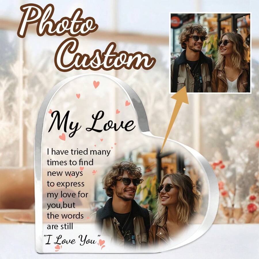 1pc (Customized)Heart Shaped Acrylic Plaque For Couple, Customize Personalized Photos , I Love You Acrylic Plaque, Heart-Shaped Gift Desktop Decoration, For Home Room Living Room Office Decor, Valentine 3.93inchx3.93inch Gifts Birthday Graduation