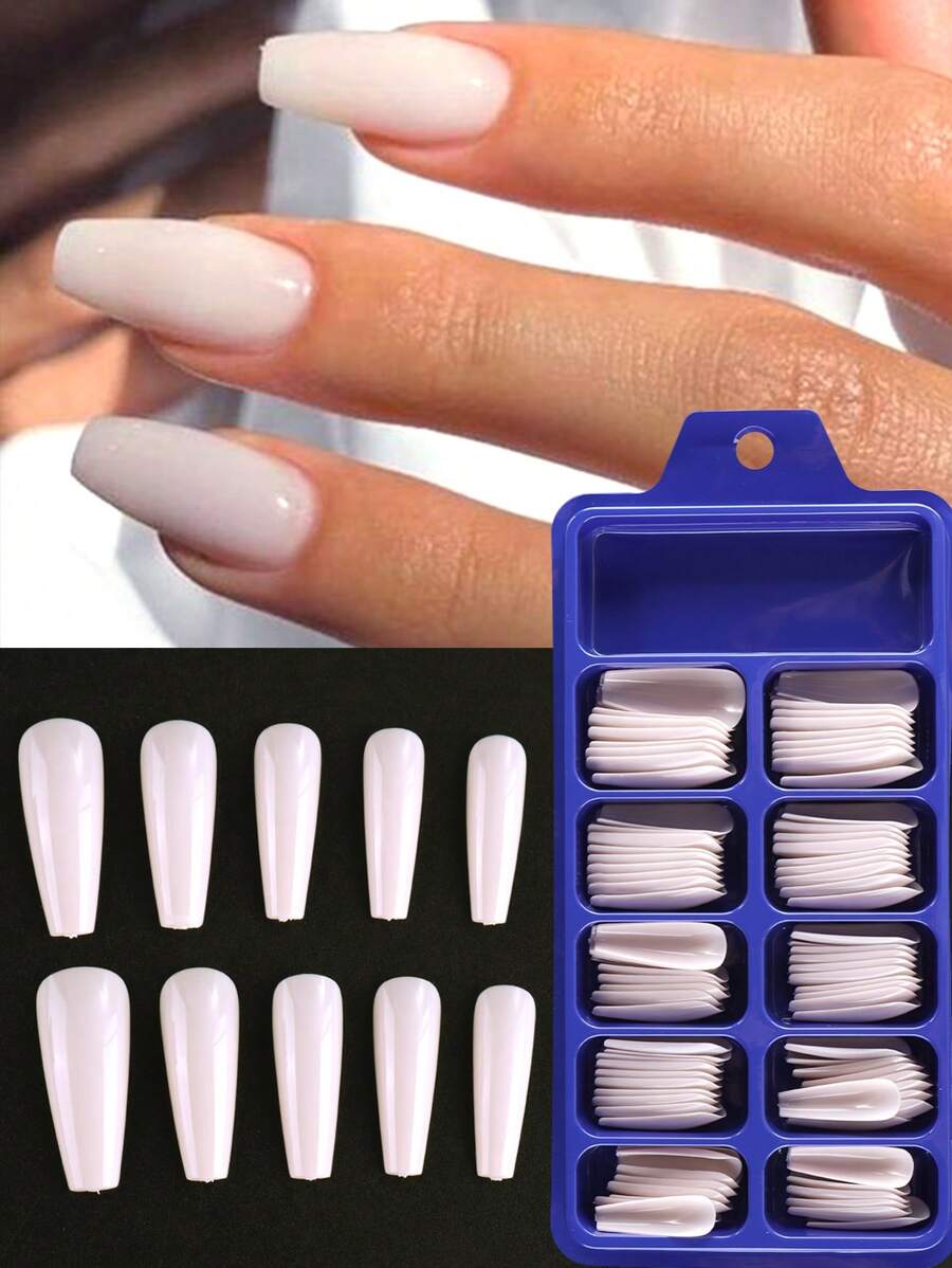 100pcs Light Purple Coffin False Nail Tips Extra Long Boxed Full Cover Simple Fashion Nail Extension Glossy Press On Nail False Salon Manicure Tools Nail Prolong Press On Nails Nail Supplies