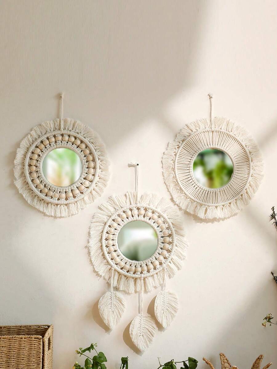 1 Stück BOHO-Stil handgemachter Quasten-Holz-Perlen-Rundspiegel mit Acrylglas, perfektes Geschenk und Dekoration für Thanksgiving, Halloween, Freunde und Familie, Wohnzimmer, Schlafzimmer, Wanddekoration