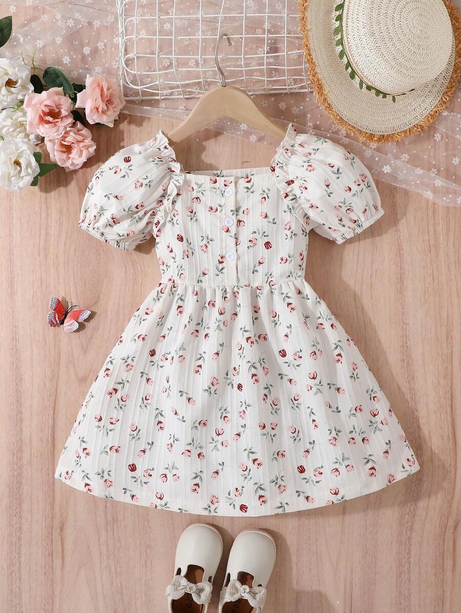 Robe florale pour jeune fille, nouvelle collection, design français avec encolure carrée et manches courtes, style doux
