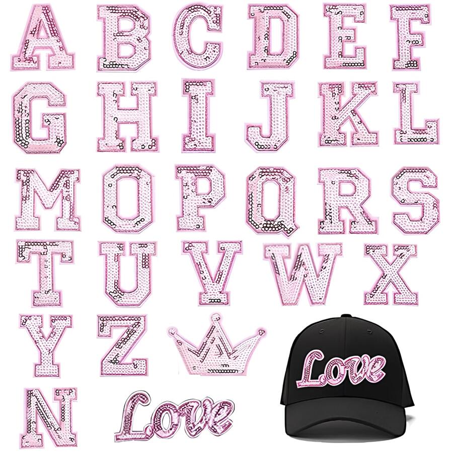 Parches con lentejuelas con letras para planchar, parches iniciales de alfabeto de lentejuelas de amor A-Z, parches termoadhesivos de lentejuelas para coser, parches de aplique brillantes de alfabeto para sombreros, ropa, bolsos, chaquetas, jeans, zapatos. Accesorios de bricolaje y decoración de suministros de artesanía (rosa)