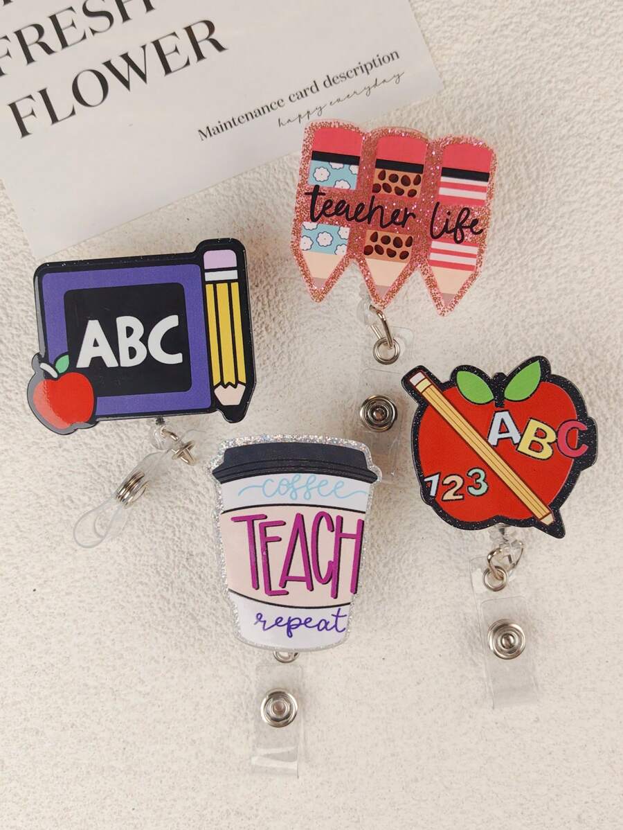 1pc Retractable ID Badge Holder With Letter, Teacher, Apple, Pen, Coffee Elements, Suitable As Teacher Gift Or Student Daily Wear