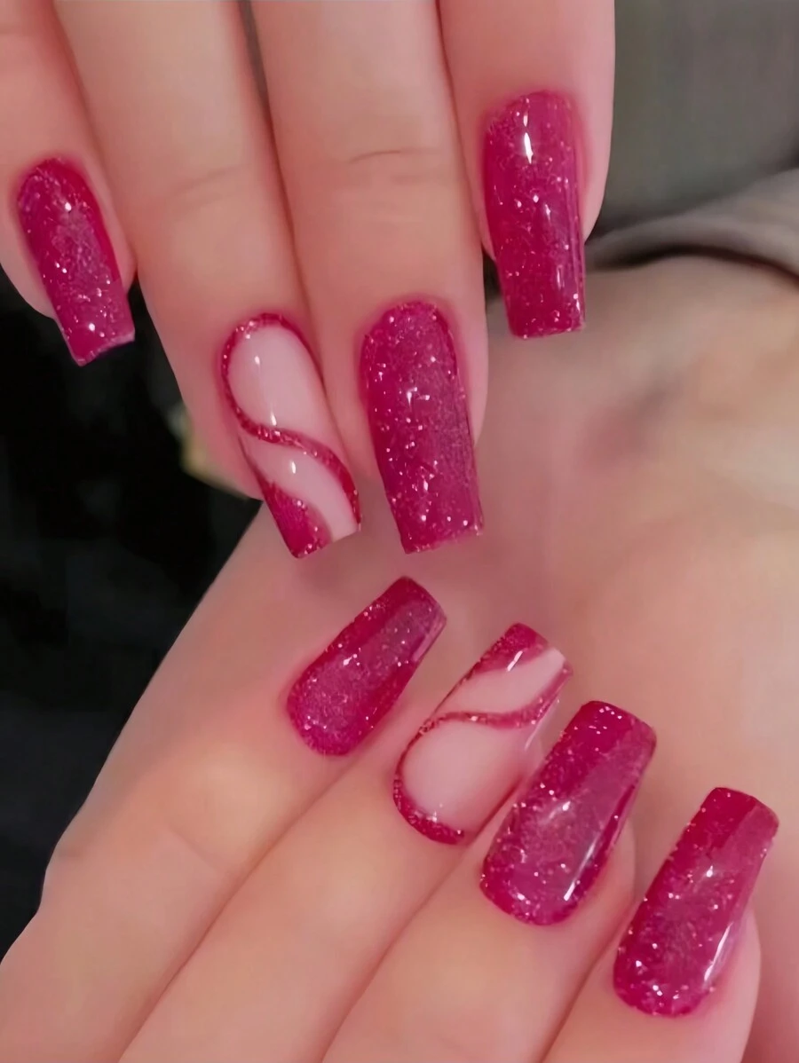 24pcs Pearl Pink & Rose Red Summer Style Short Wear Nail Art Stickers With Jelly Gel And Nail File Press On Nails Nail Supplies