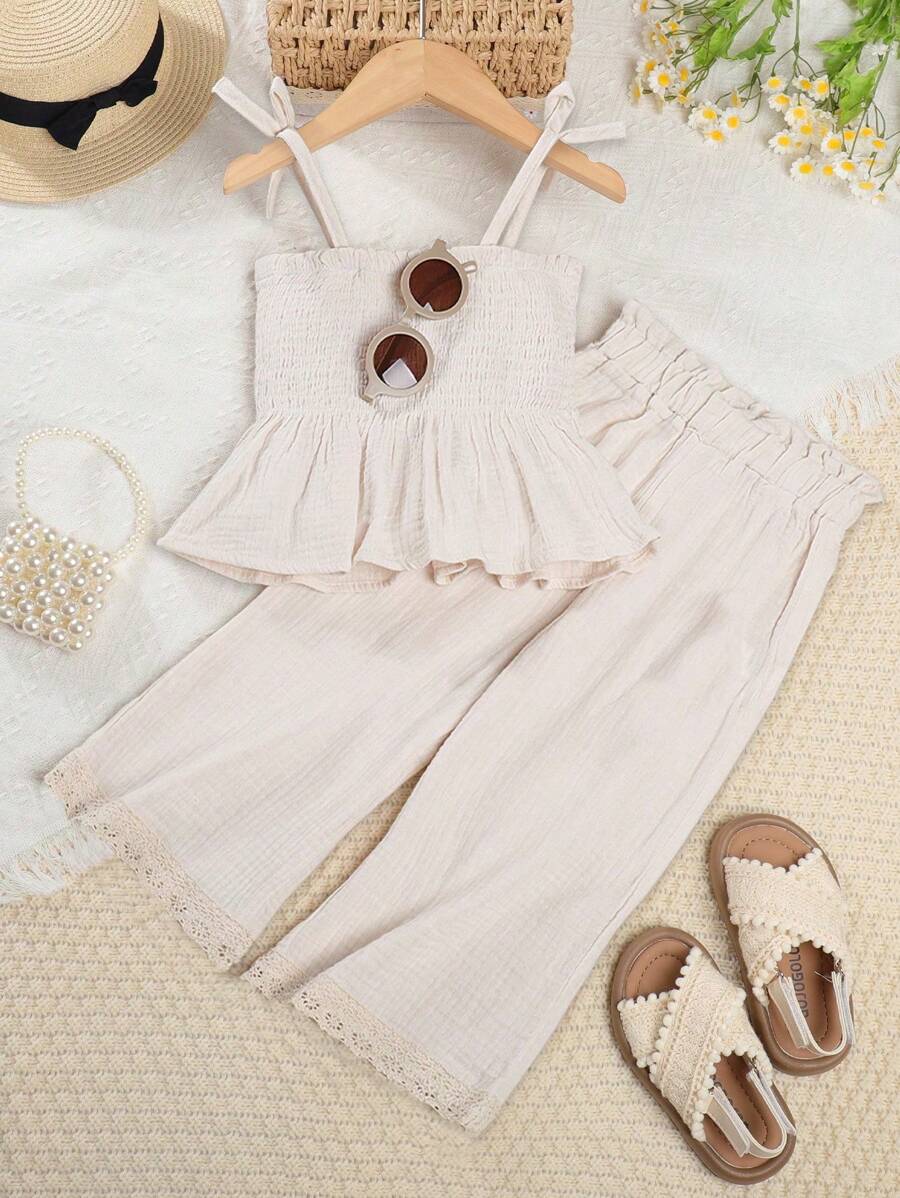 Young Girl Bow Shoulder Peplum Cami Top & Wide Leg Pants