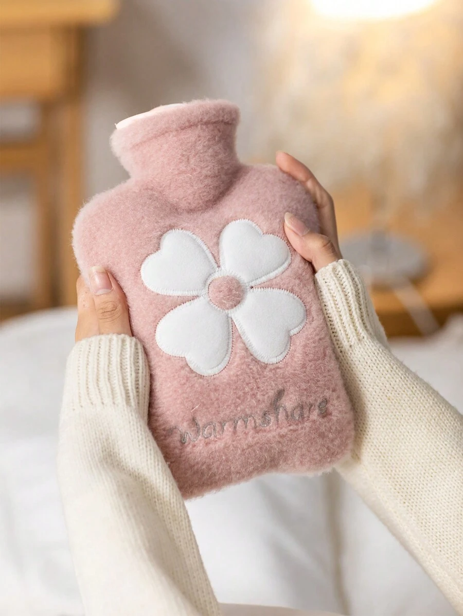 1pc Flower Embroidery Hot Water Bag For Girls, Small/ Medium Size, Soft And Comfortable, Detachable & Washable Cover, Safe For Warming Up Uterus, Back To School Supplies