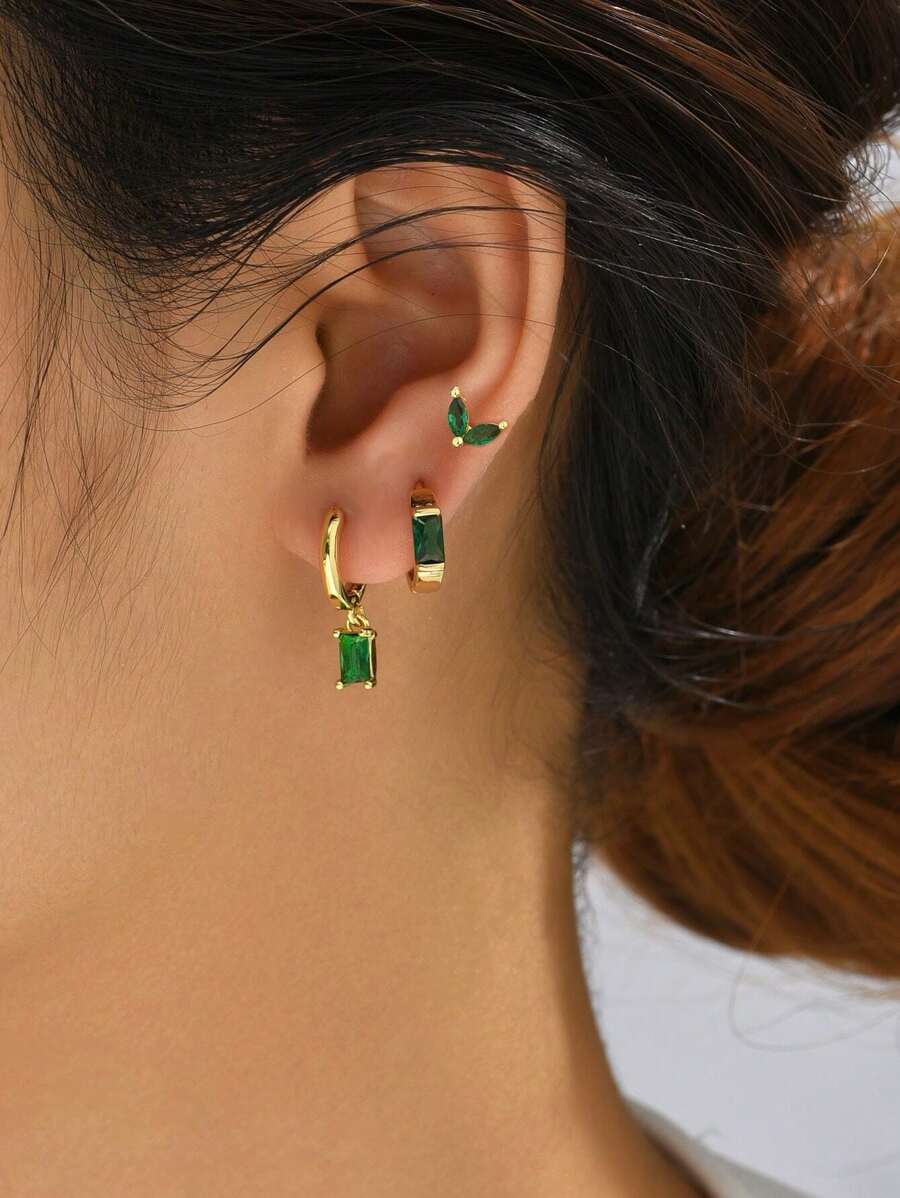 Ensemble de 3 boucles d'oreilles en pierres précieuses carrées (individuelles), style simple mais élégant, idéal pour le port quotidien des femmes
