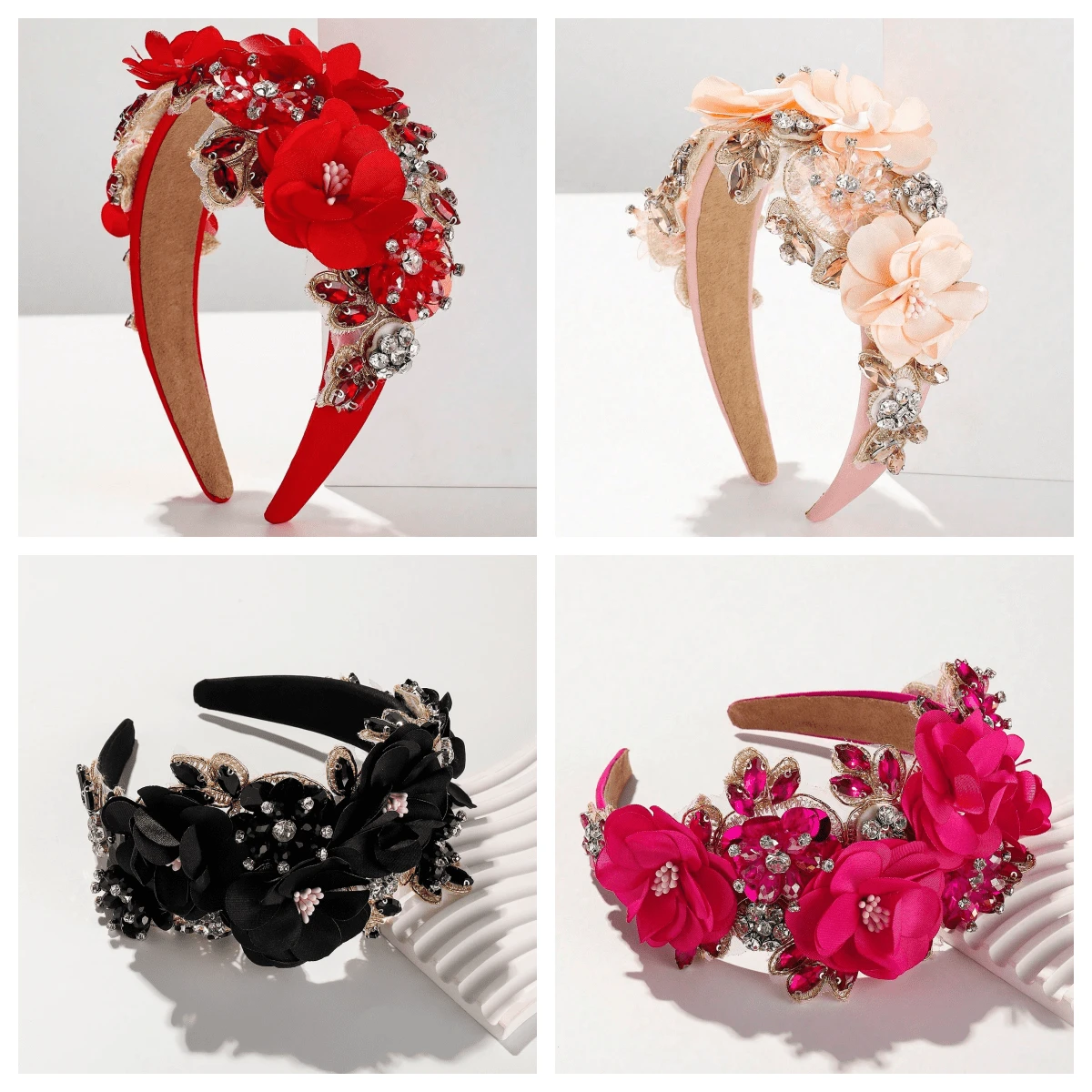 1 Peça Faixa de Cabeça Larga Barroca Boho com Imitação de Flores de Cálice Resistente, Pedras Brilhantes e Material de Tecido, Presente do Dia dos Namorados, Tiara, Faixas de Cabelo