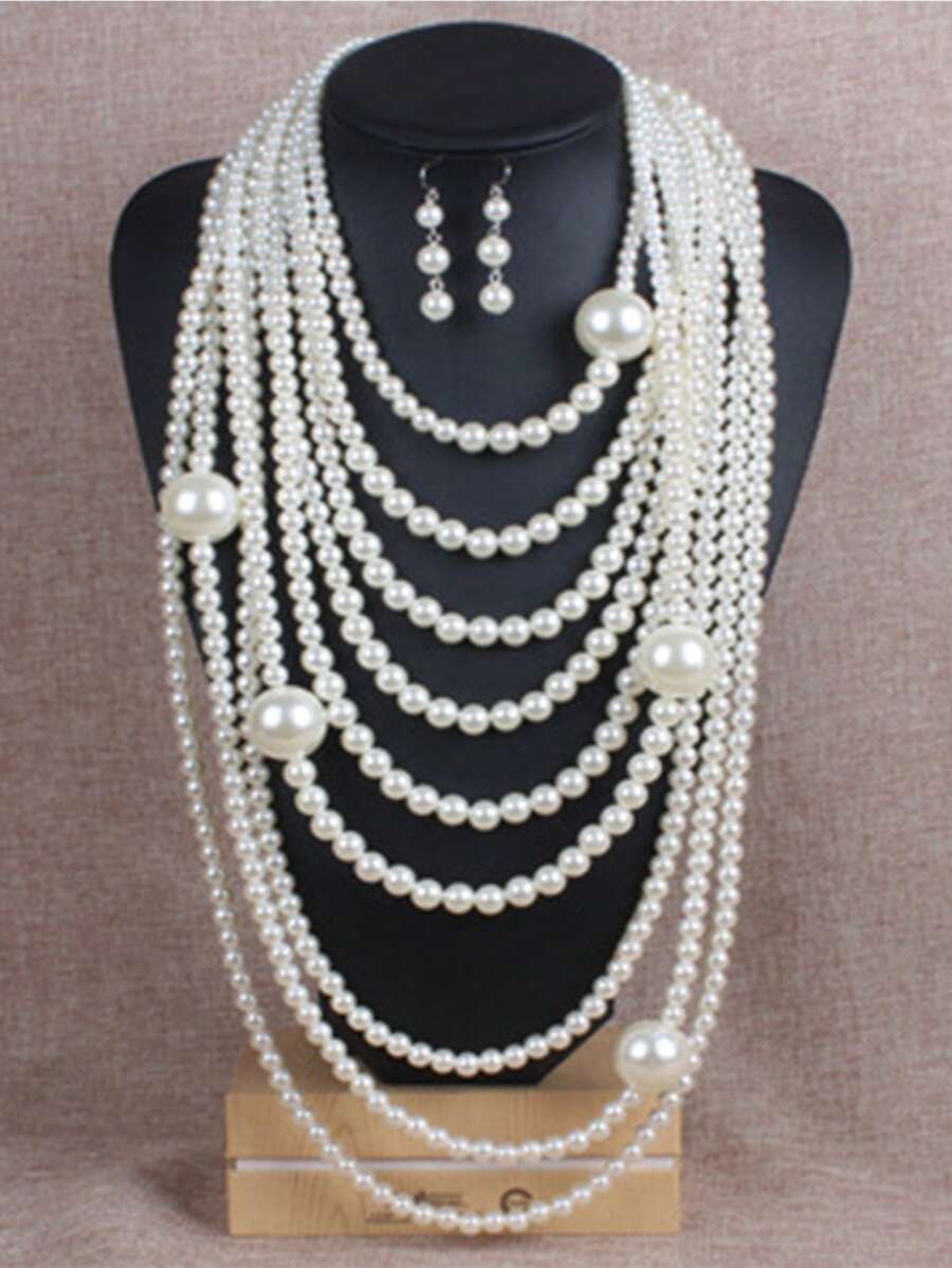 2pcs/Set Euorpean & American Heavy Industry Pearl Necklace Jewelry Set Including 1pc Necklace And 1pair Earrings, Multi-Layer Clothing Faux Pearl Tassel Necklace Set