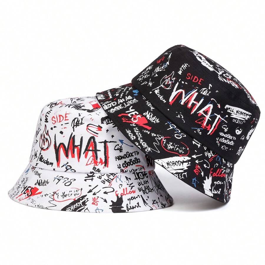 1pc Men's 'WHAT' Graffiti Bucket Hat, Fashionable Bucket Hat For Casual Wear, Spring/Autumn, Beach And Party Men's Sun Hat Summer Hat, Suitable For Summer Outdoor Activities Such As Hiking And Fishing