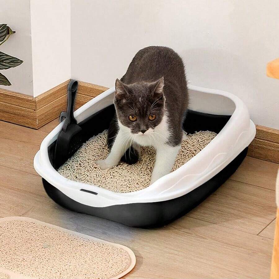 2pcs Plastic Half Enclosed Anti-Splashing Square Cat Litter Box/Litter Pan 1pc + Cat Litter Scoop 1pc (Random Color), Suitable For Small Cats
