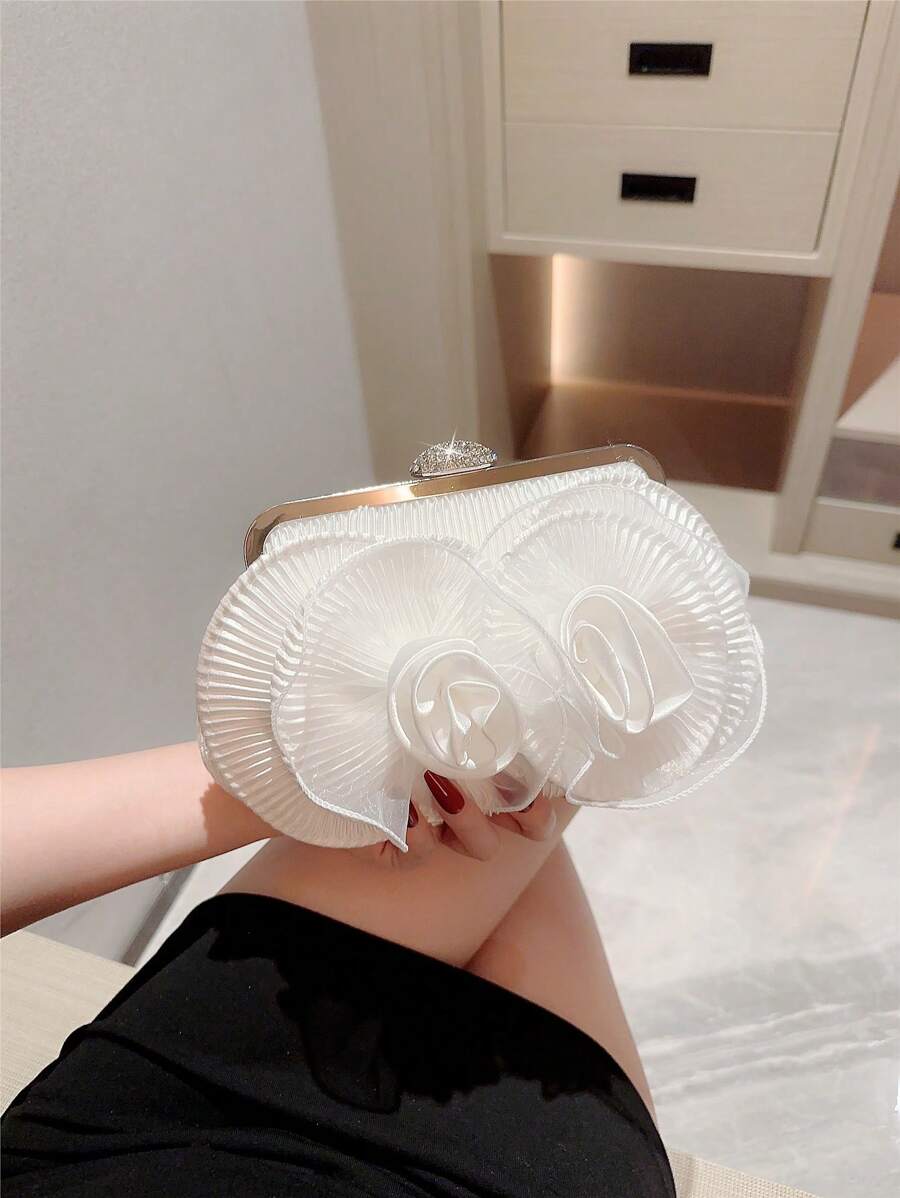 Moonlit EveBag O geantă elegantă cu flori plisate, geantă de nuntă albă romantică, geantă de mână pentru petrecere formală, geantă de seară cu curea cu lanț