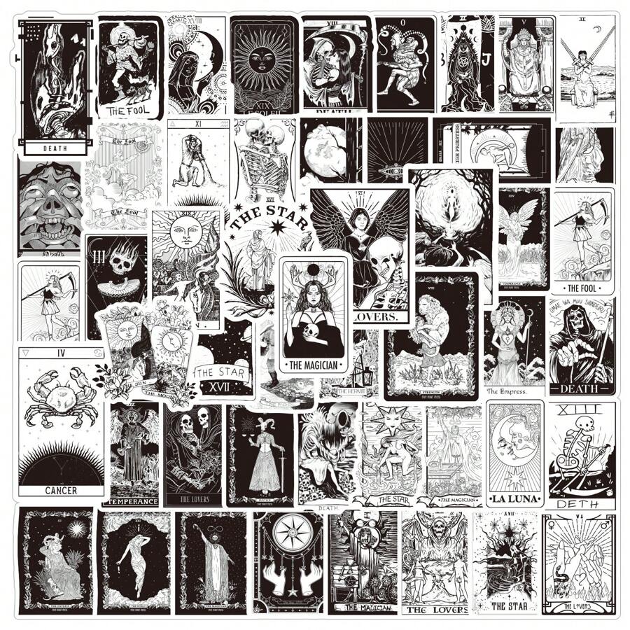 62pcs Black And White Card Sticker, Gothic Horror Waterproof Vinyl Decal For Water Bottle, Laptop, Phone, Skateboard, Guitar, Luggage, Notebook, Hard Hat, Party Supply, Scrapbooking, Gift Decoration For Children, Teenagers And Adults.,Stickers,Goth,Card Sticker