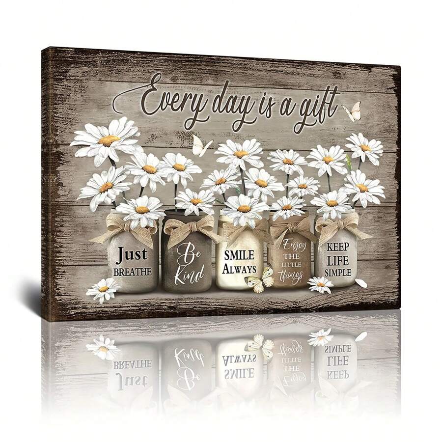 1pc Houten ingelijste rustieke wandkunst Daisy vlinder cadeau canvas vintage bloemen wandkunst, bloemen inspirerende foto voor slaapkamer woonkamer badkamer kantoor wanddecoratie ingelijste huisdecoraties klaar om op te hangen met ingelijste, posters voor kamer, woondecoratie, vintage kamerdecoratie esthetiek, Cottagecore wanddecoratie