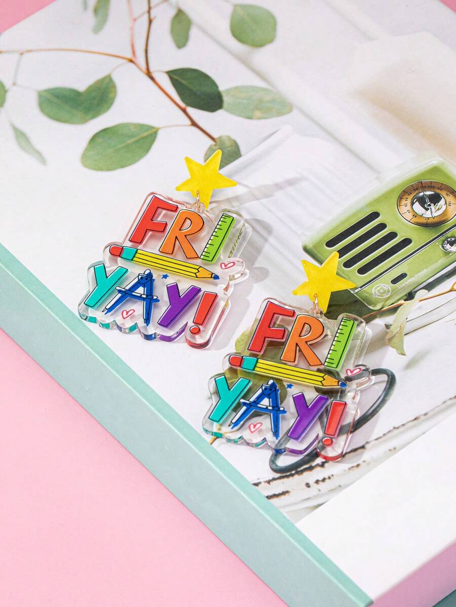 1 par de aretes acrílicos coloridos y brillantes con estilo del Día del Maestro para fiestas de mujeres