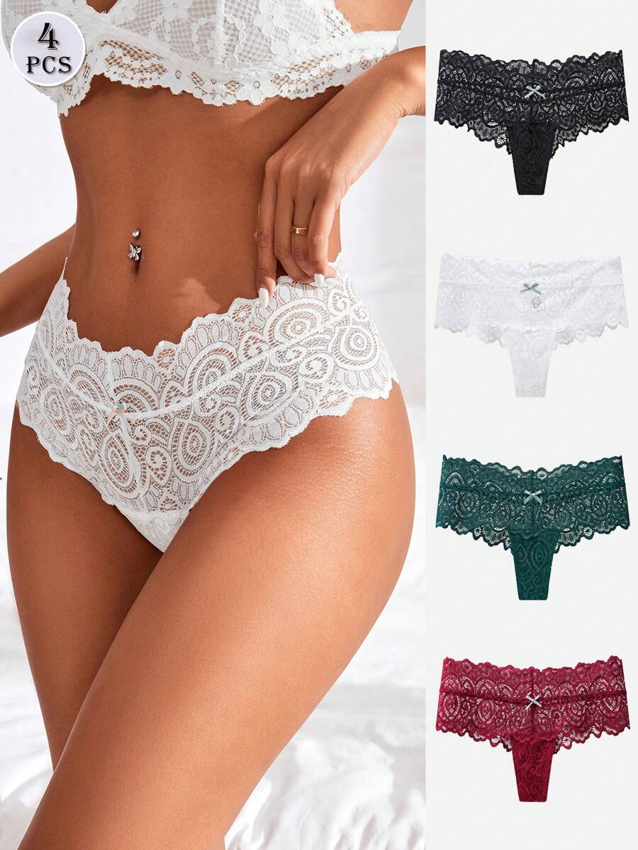4 Pièces/set Culottes En Dentelle Sexy Pour Femmes À Taille Mi-haute