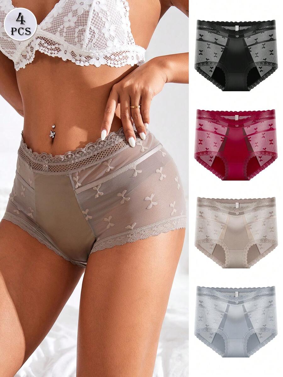 4 pièces Culottes sexy à taille haute en maille transparente avec bordure en dentelle