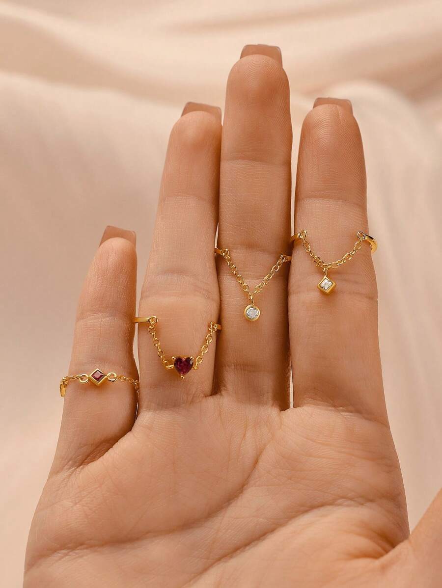 1PC 925 Sterling Silver Chain Fashion Ring 18K Gold Plated Adjustable Tail Finger Band Birthstone Eternity Promise Ring Wedding Engagement Tassel Dangling Charm Rings Fashion Jewelry Gifts