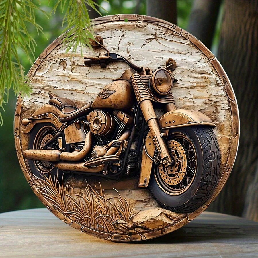 1 pièce Panneau en bois, Signe de couronne circulaire peinte en faux bois sculpté, Décoration d'entrée Cadeaux de la Saint-Valentin Décoration thématique moto 20 x 20 cm, Décoration de maison, Décoration de chambre, Décoration murale