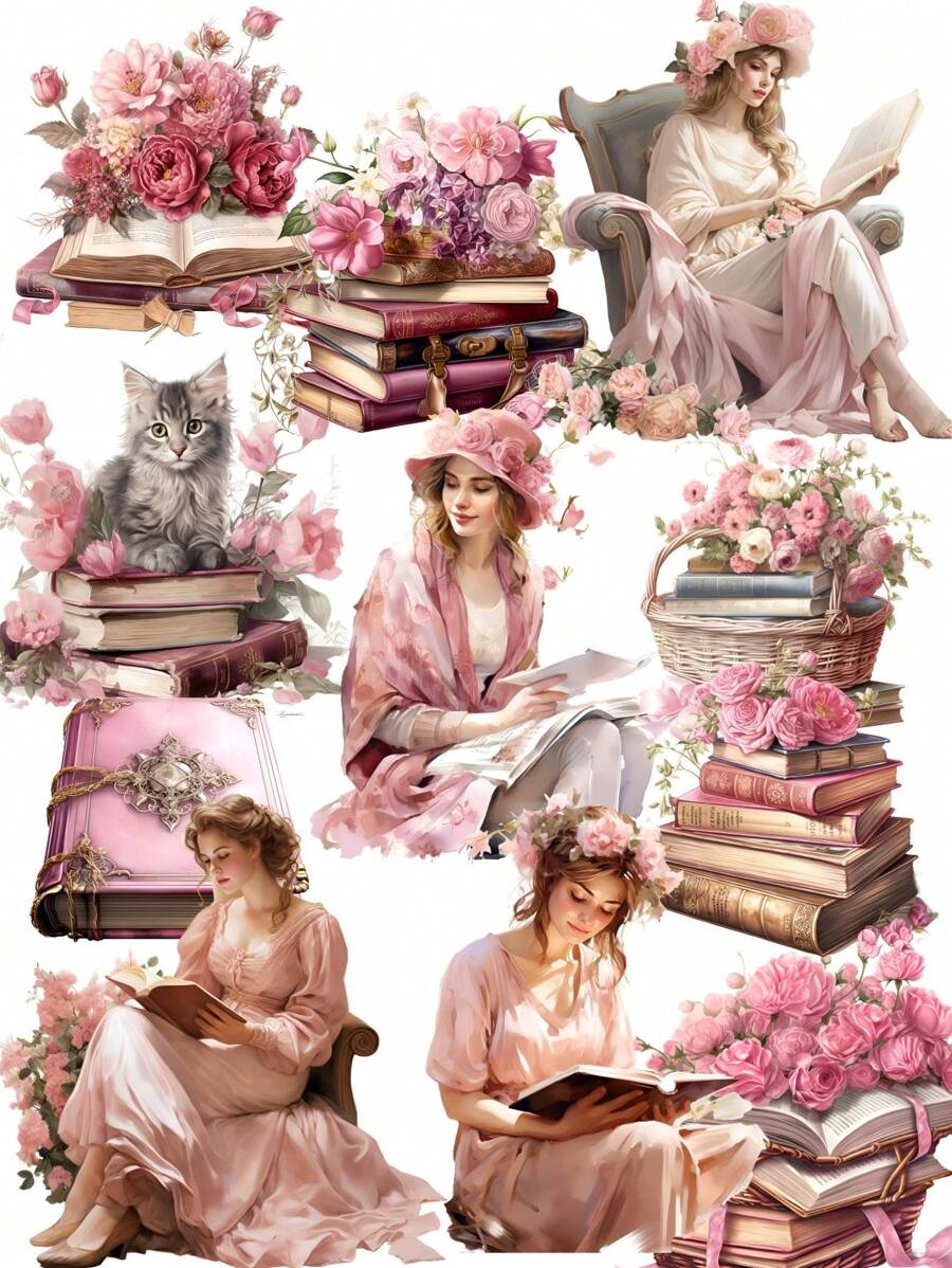 1 set Adesivi decorativi vintage acquerello donna vittoriana che legge un diario adatti per scrapbook, agenda, quaderno, biglietto di auguri, tazza, telefono cellulare